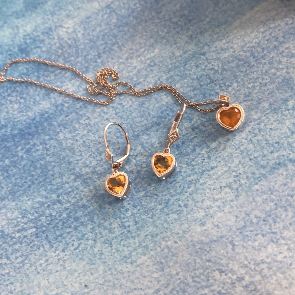 Dainty citrine heart necklace and earrings. 14k white gold.